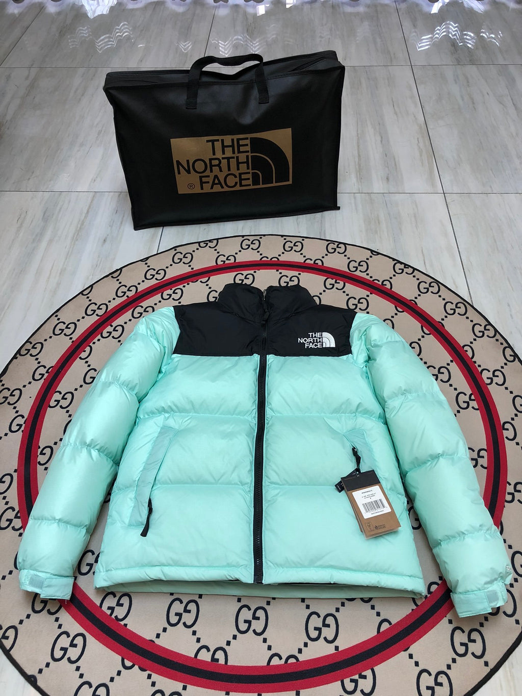 The North Face Mint Green & Black Colorblock Puffer Jacket
