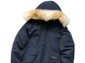 Navy Hooded Bomber Jacket with Plush-Trimmed Hood