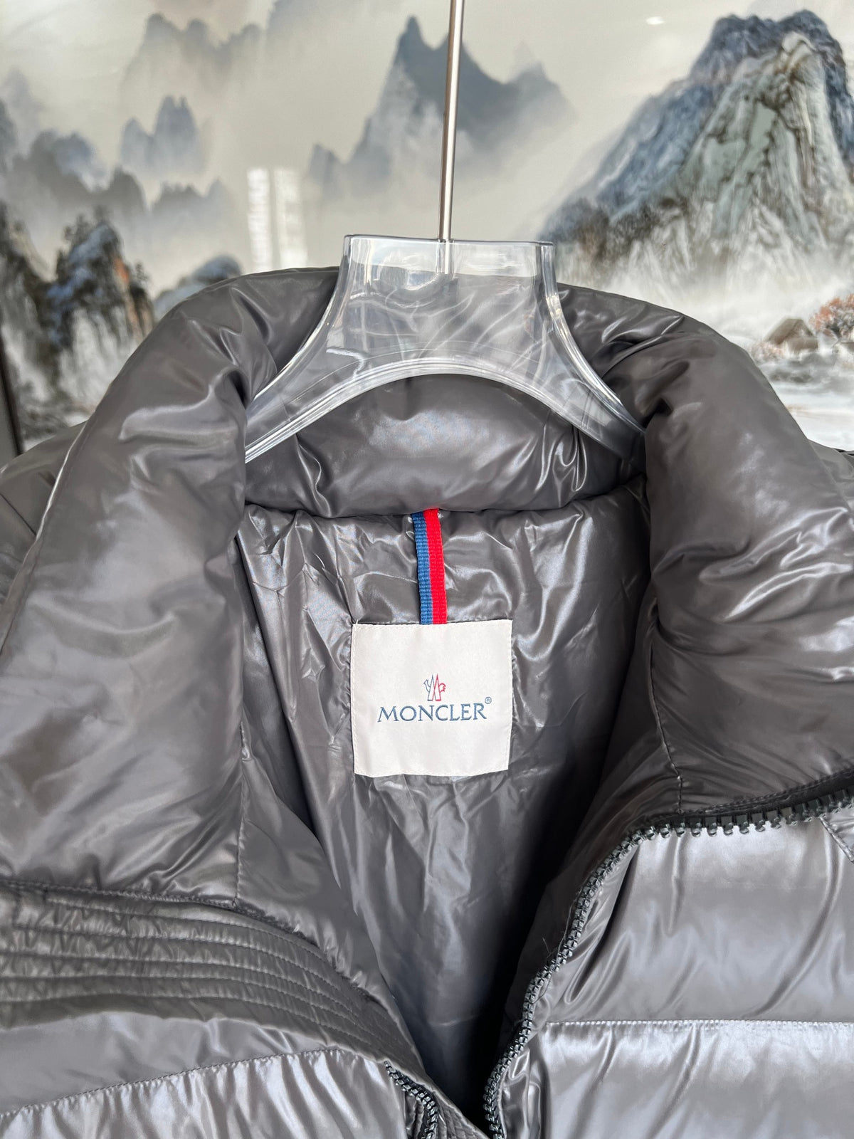 Moncler Charcoal Grey Glossy Hooded Puffer Jacket
