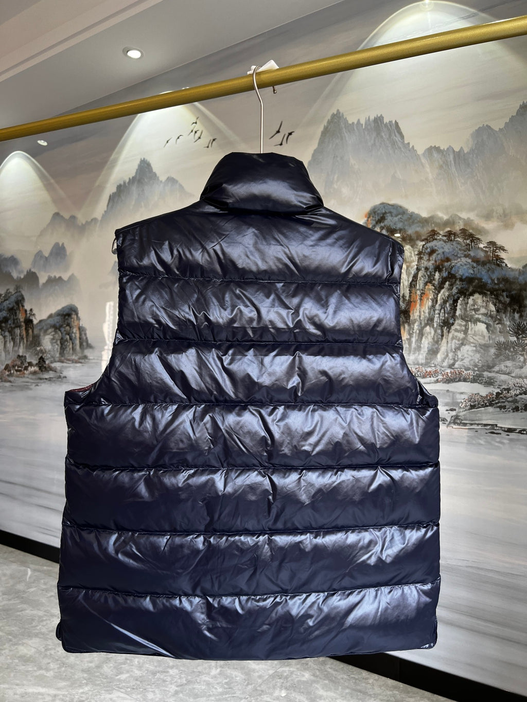 Moncler Dark Navy Glossy Puffer Vest with Stand Collar