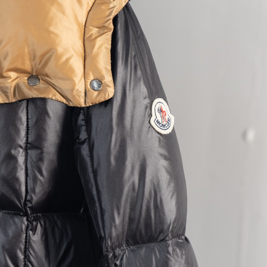Moncler Black Glossy Puffer Jacket with Gold Contrast Details