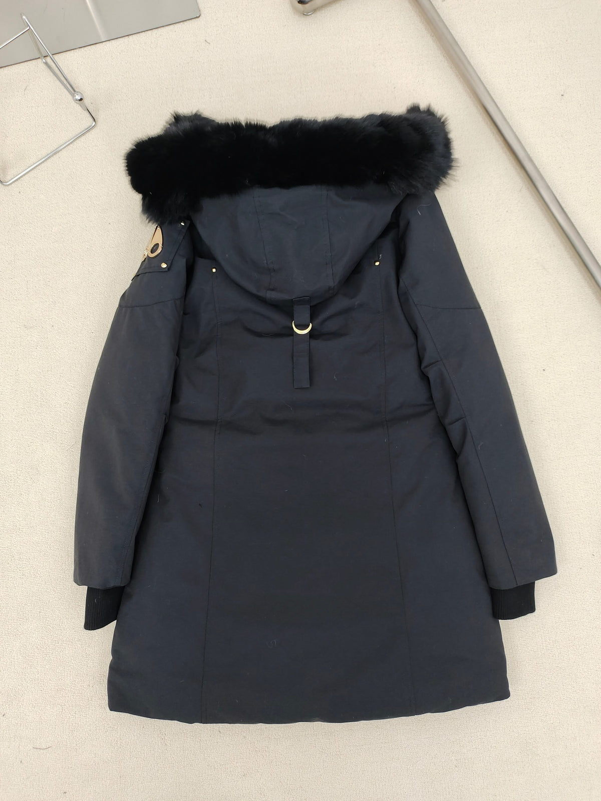 Moose Knuckles Black Hooded Long Parka with Gold-Tone Details