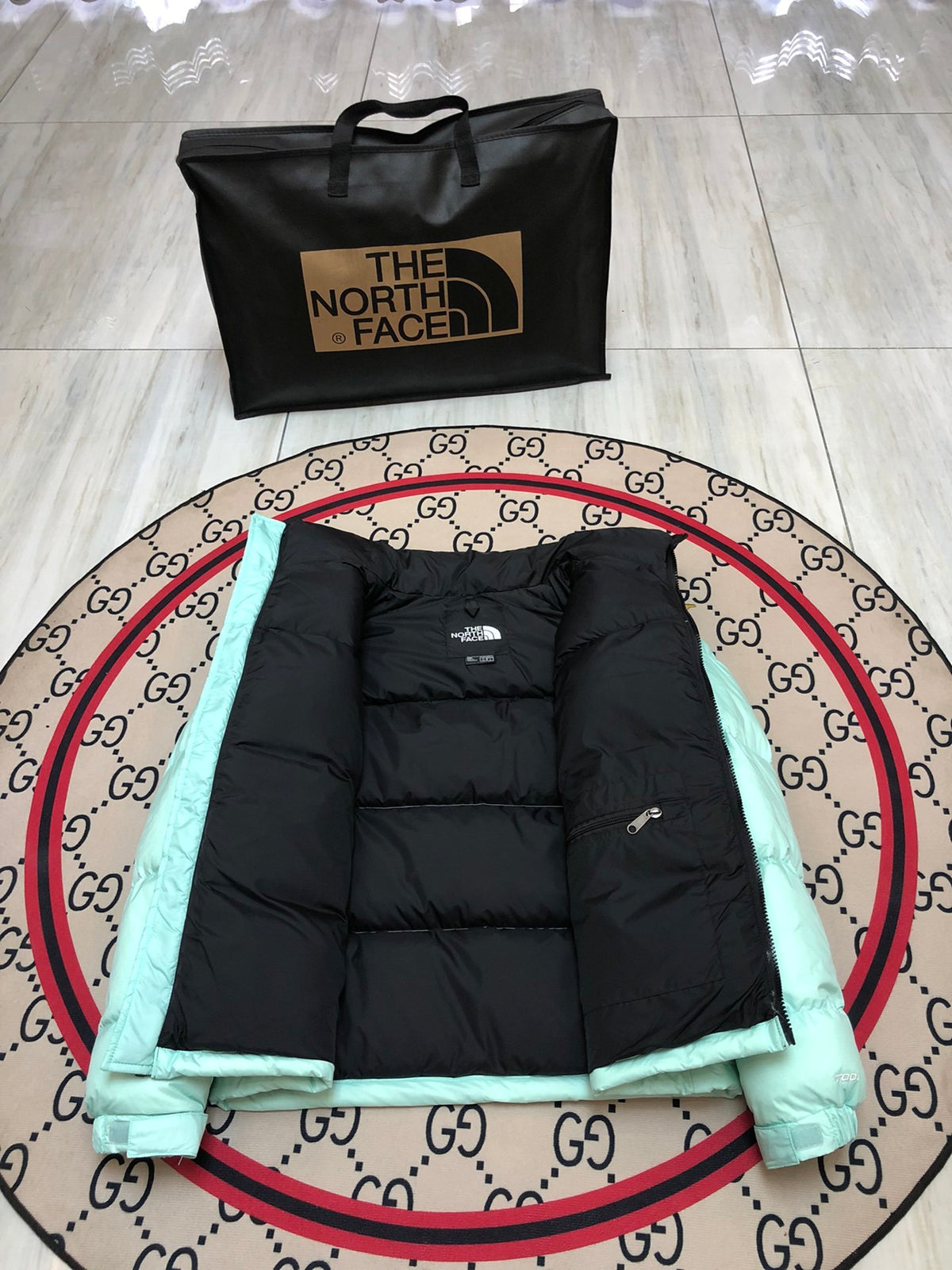 The North Face Mint Green & Black Colorblock Puffer Jacket