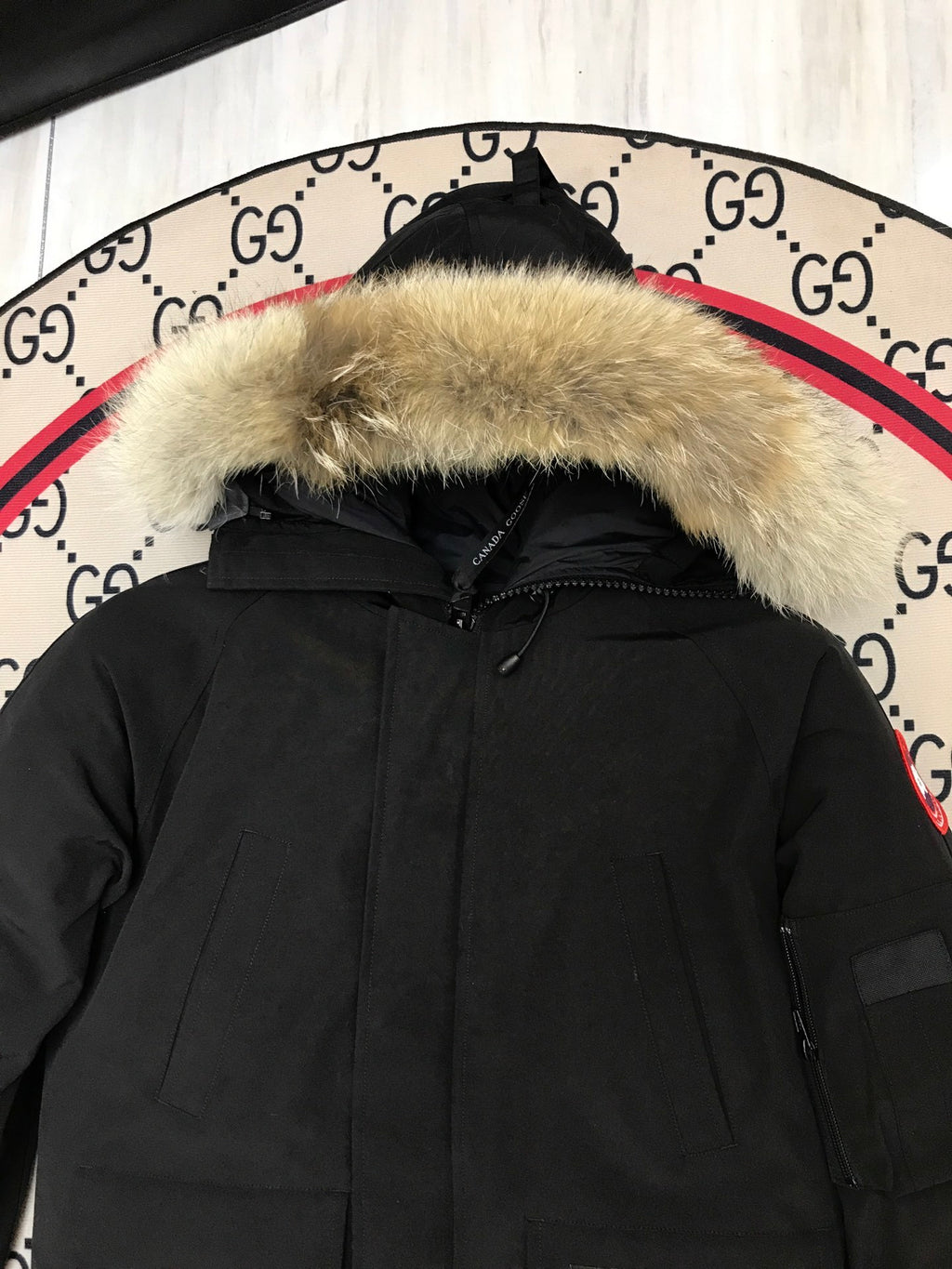 Canada Goose Black Hooded Bomber Jacket with Textured Trim