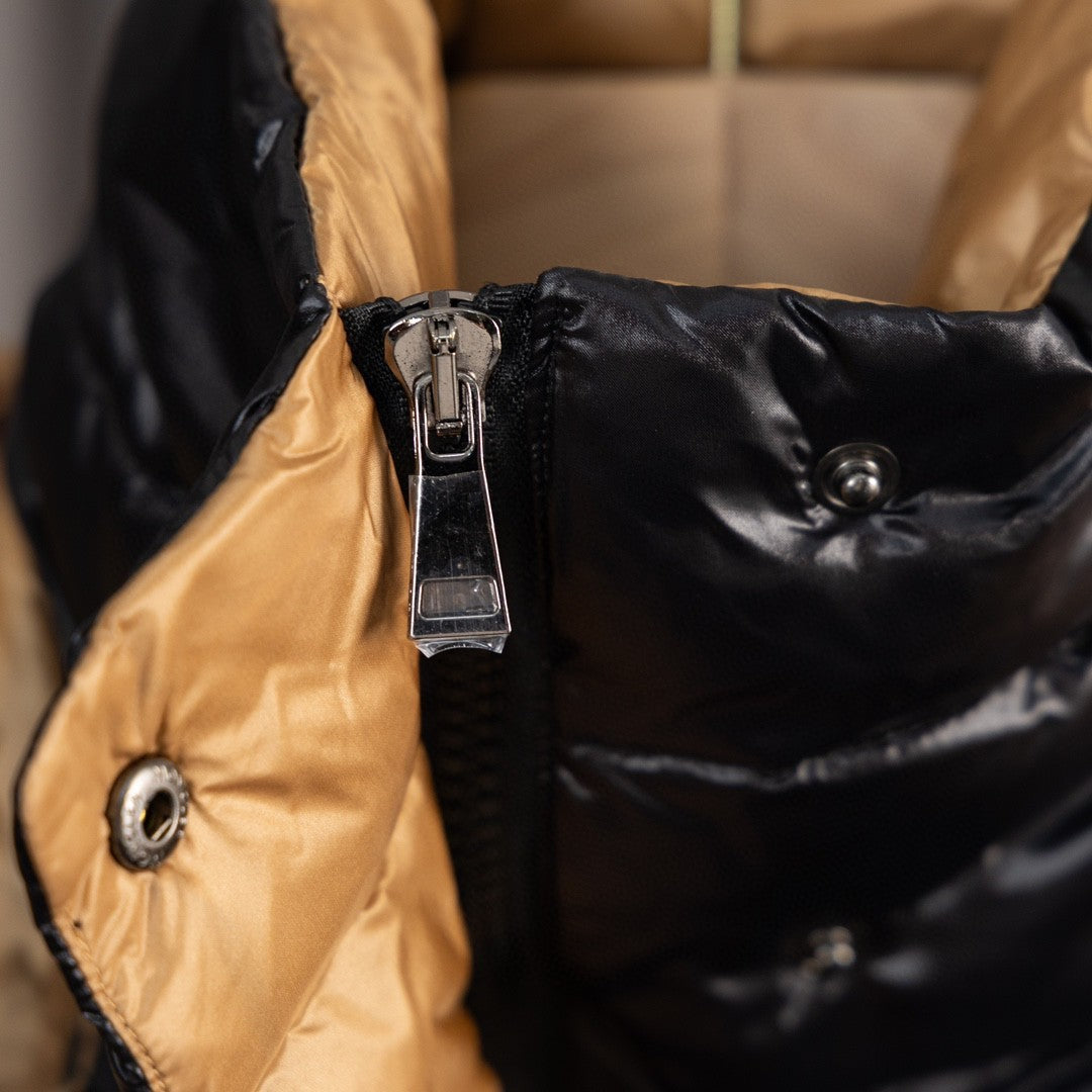 Moncler Black Glossy Puffer Jacket with Gold Contrast Details