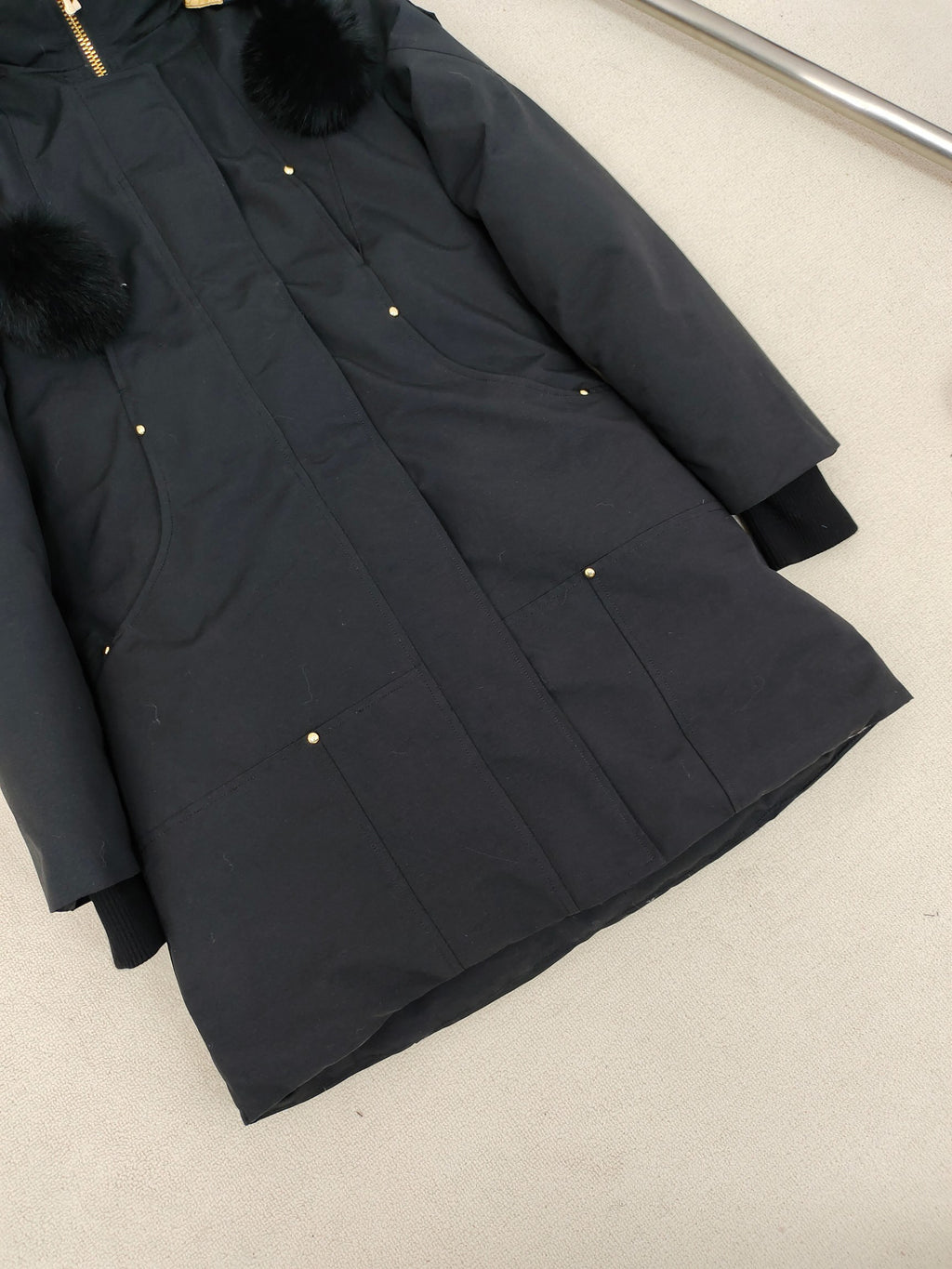Moose Knuckles Black Hooded Long Parka with Gold-Tone Details