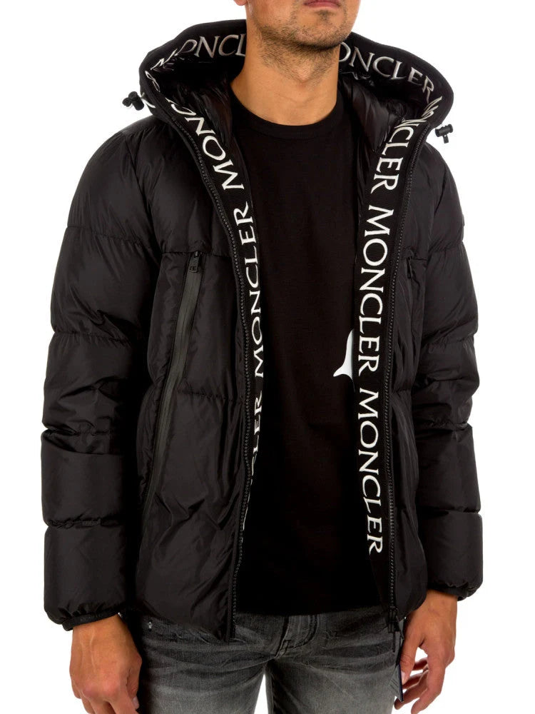 Moncler Black Hooded Puffer Jacket with Logo Lettering