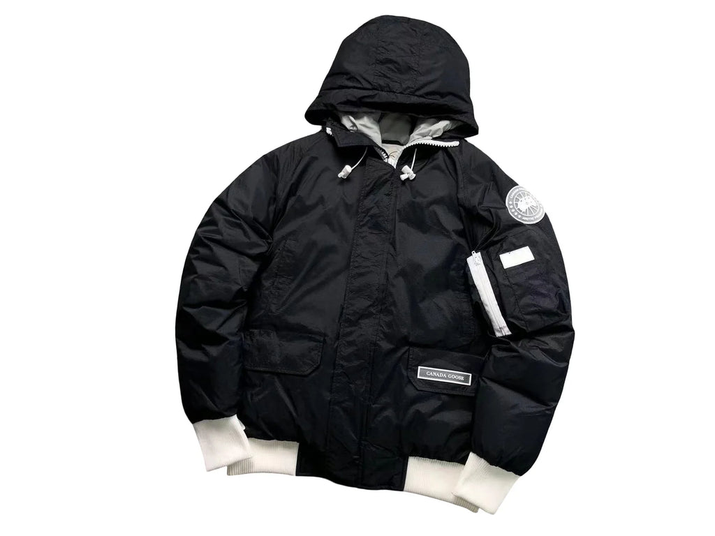 Black Hooded Bomber Jacket with Contrast White Details