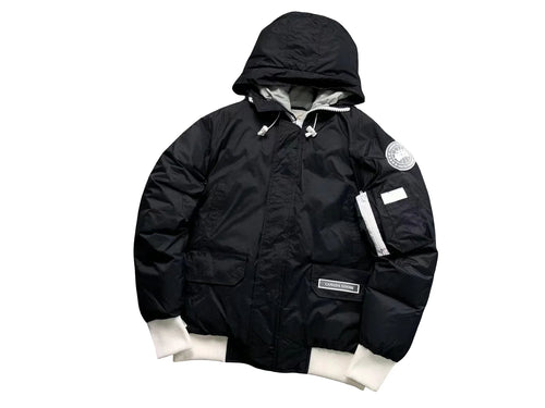 Black Hooded Bomber Jacket with Contrast White Details