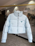 Prada Light Blue Cropped Puffer Jacket with Stand Collar