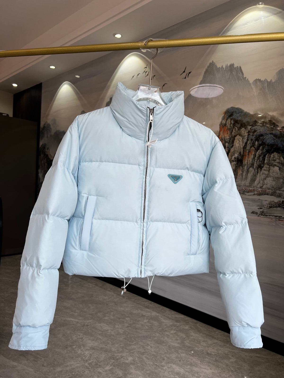 Prada Light Blue Cropped Puffer Jacket with Stand Collar