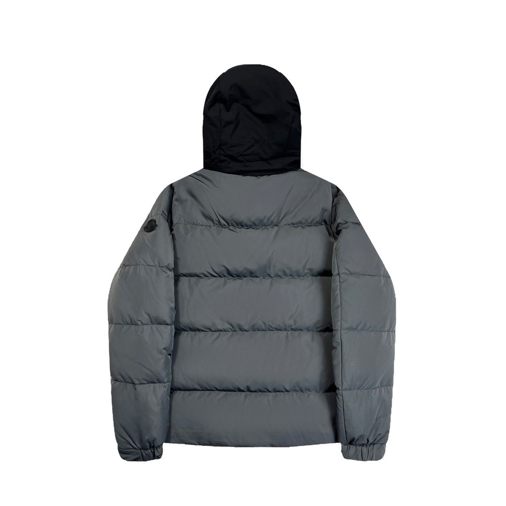 Moncler Grey Hooded Puffer Jacket with Black Contrast Panels
