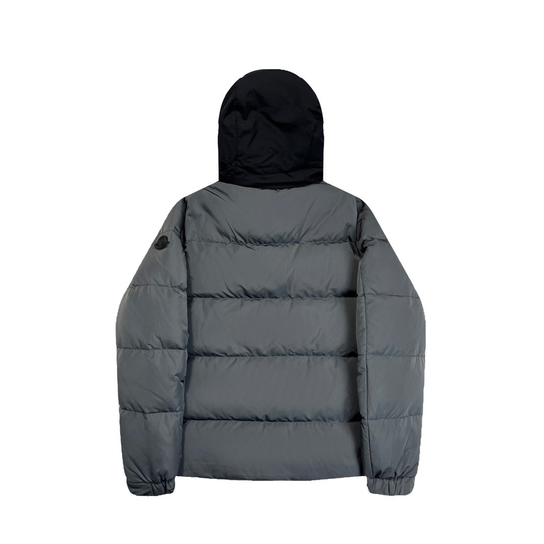 Moncler Grey Hooded Puffer Jacket with Black Contrast Panels