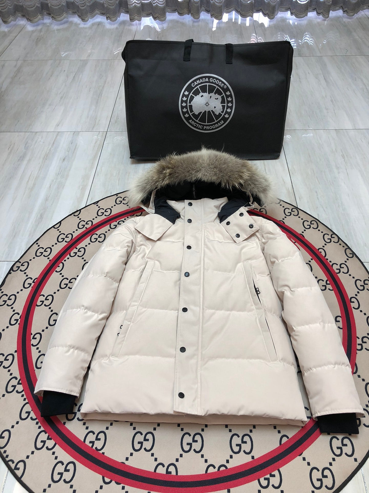 Canada Goose Cream Hooded Puffer Jacket with Textured Trim