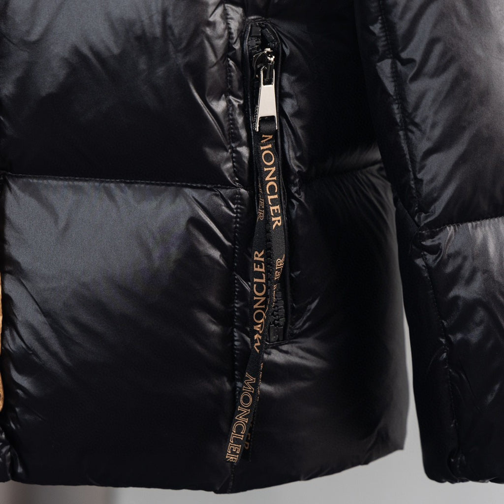 Moncler Black Glossy Puffer Jacket with Gold Contrast Details