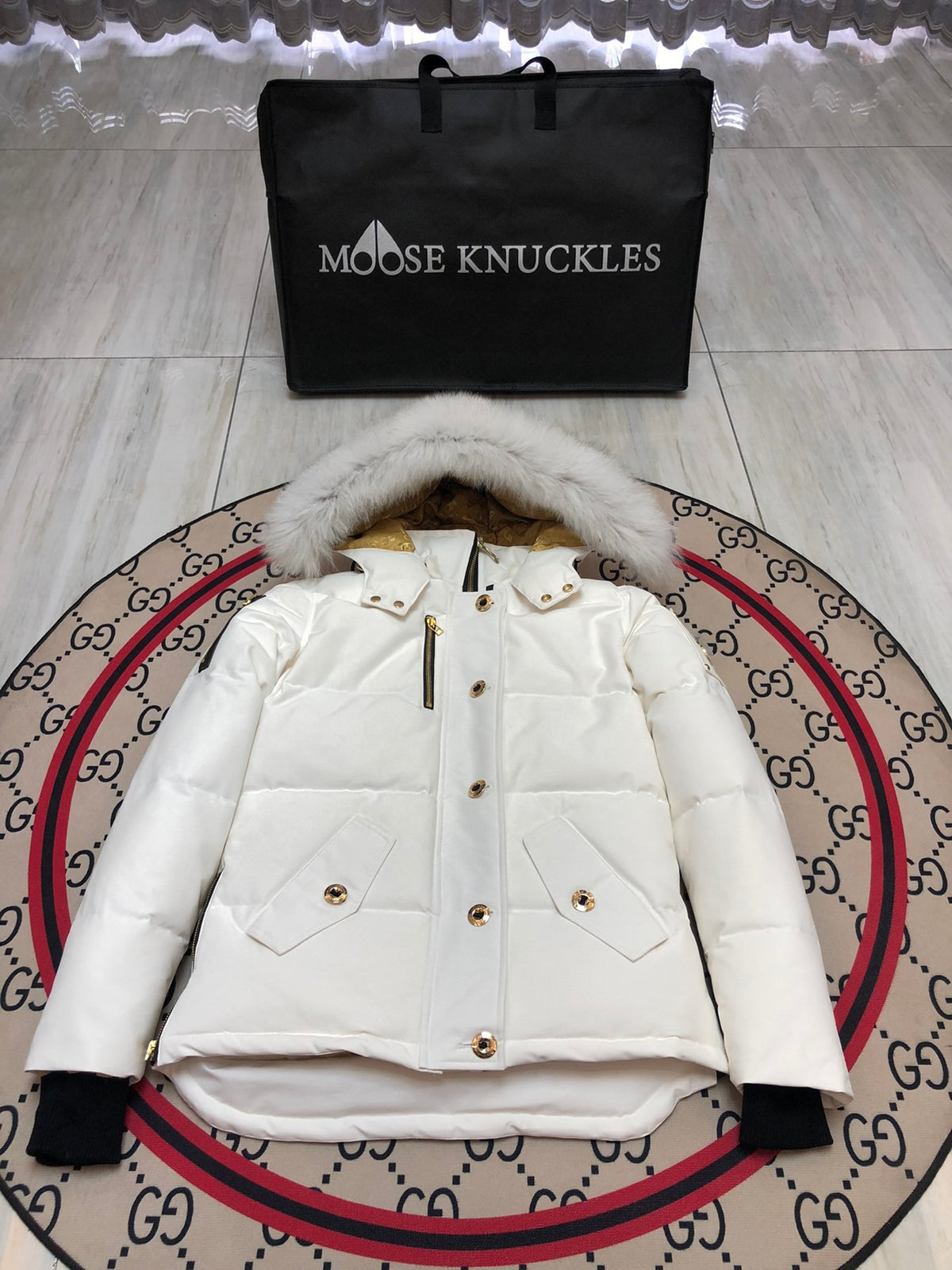 Moose Knuckles White Hooded Puffer Jacket with Gold-Tone Details
