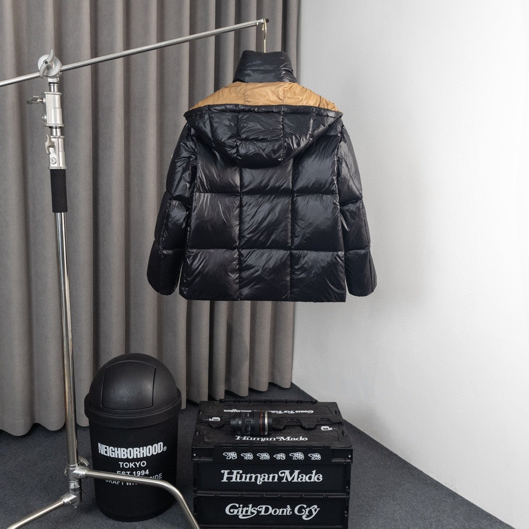 Moncler Black Glossy Puffer Jacket with Gold Contrast Details