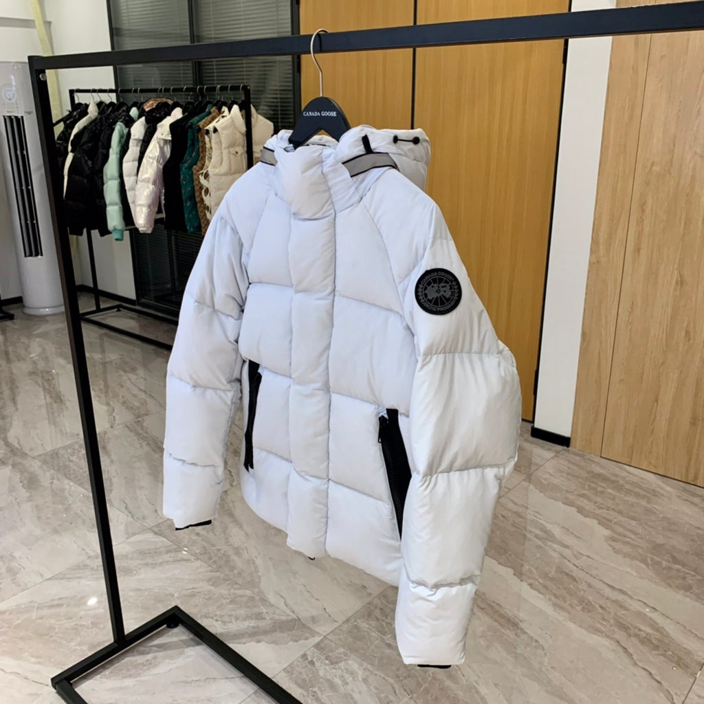 Canada Goose White Hooded Quilted Puffer Jacket with Black Trim