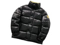 Moncler Black Glossy Stand-Collar Puffer Jacket with Olive Logo Patch