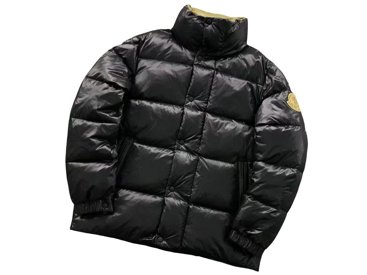 Moncler Black Glossy Stand-Collar Puffer Jacket with Olive Logo Patch