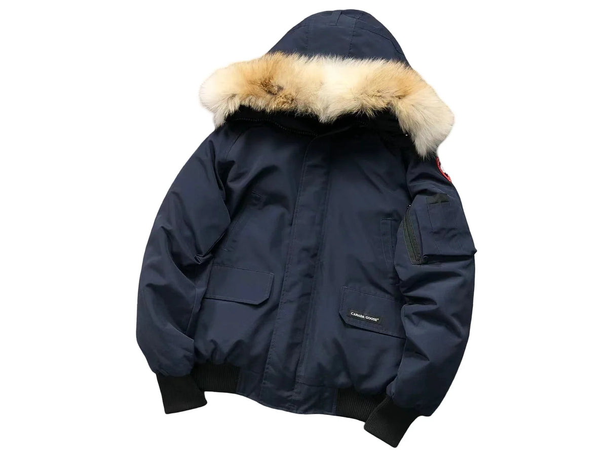 Navy Hooded Bomber Jacket with Plush-Trimmed Hood