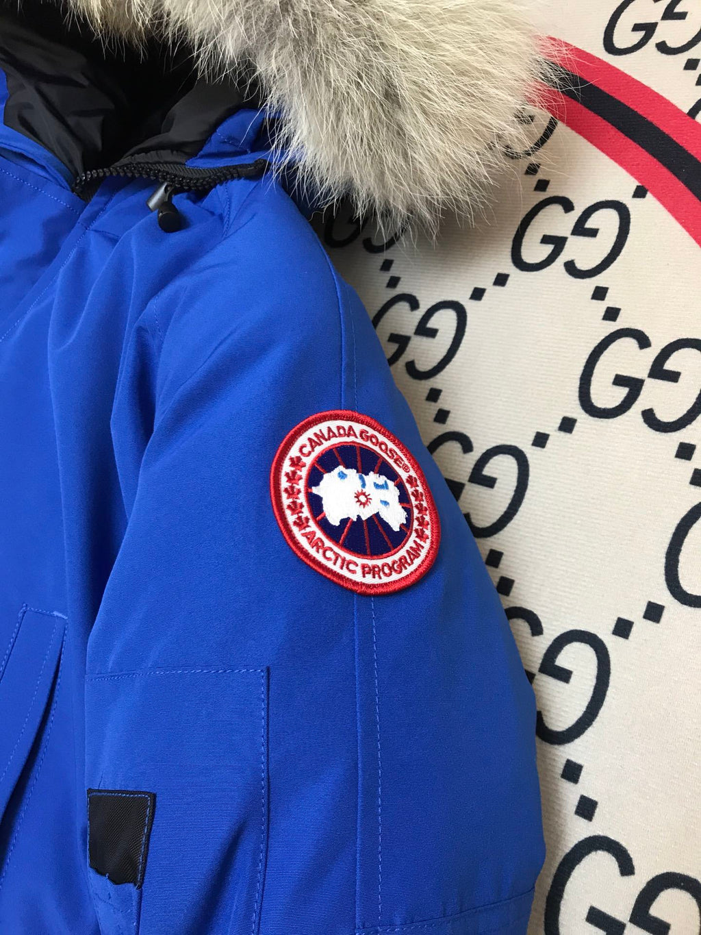 Canada Goose Blue Hooded Bomber Jacket with Textured Trim