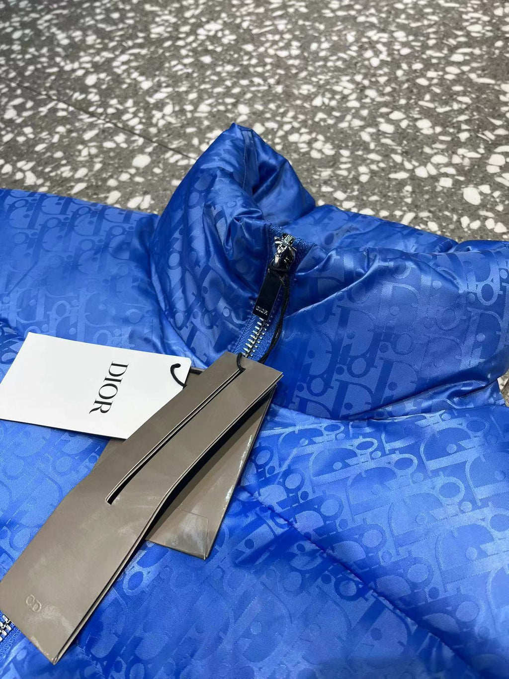 Dior Blue Monogram Puffer Jacket with Stand Collar