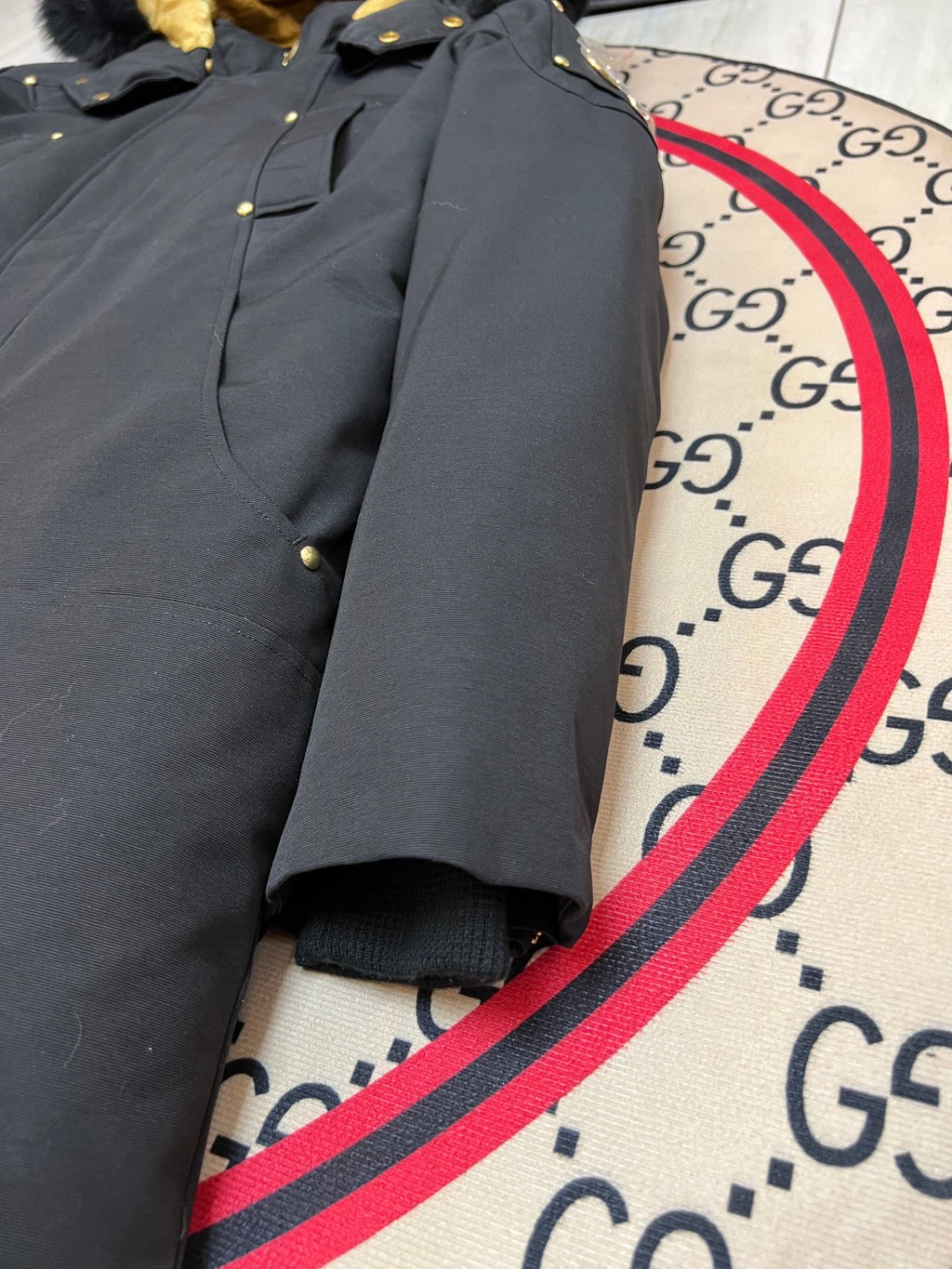 Moose Knuckles Black Long Hooded Parka with Gold-Tone Details