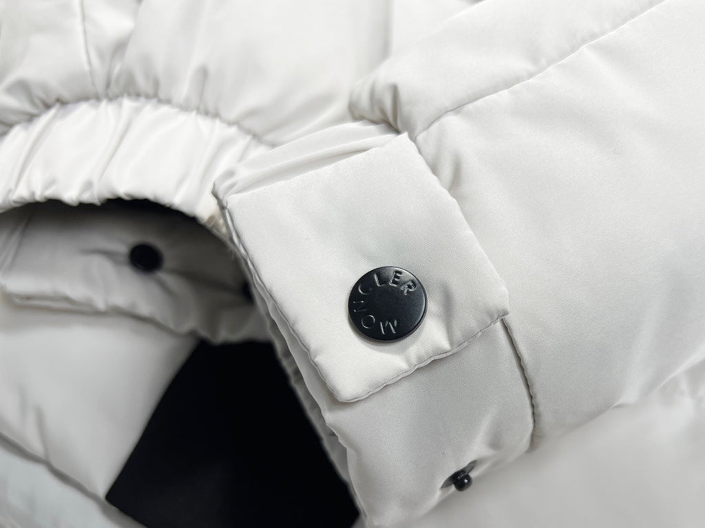 Moncler White Hooded Puffer Jacket with Black Contrast Panels