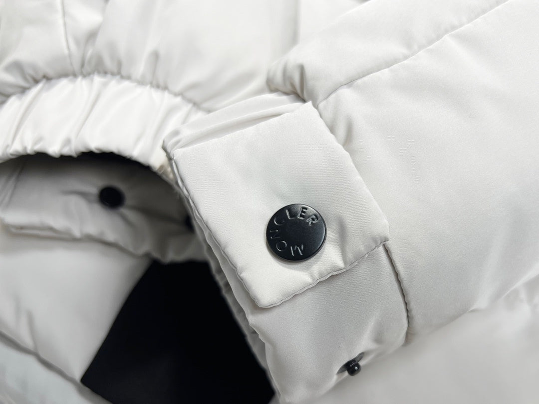 Moncler White Hooded Puffer Jacket with Black Contrast Panels