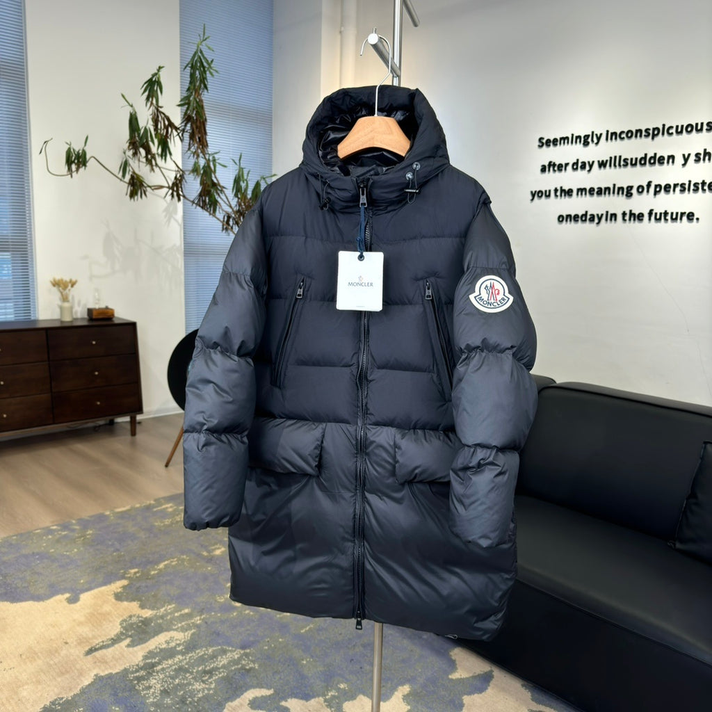Moncler Dark Navy Long Hooded Puffer Coat