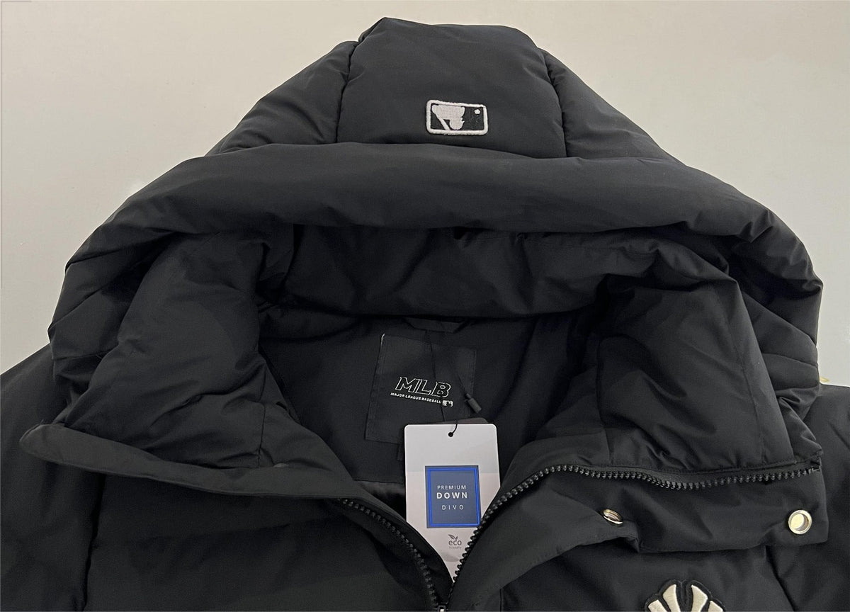 MLB NY Logo Black Long Hooded Puffer Coat