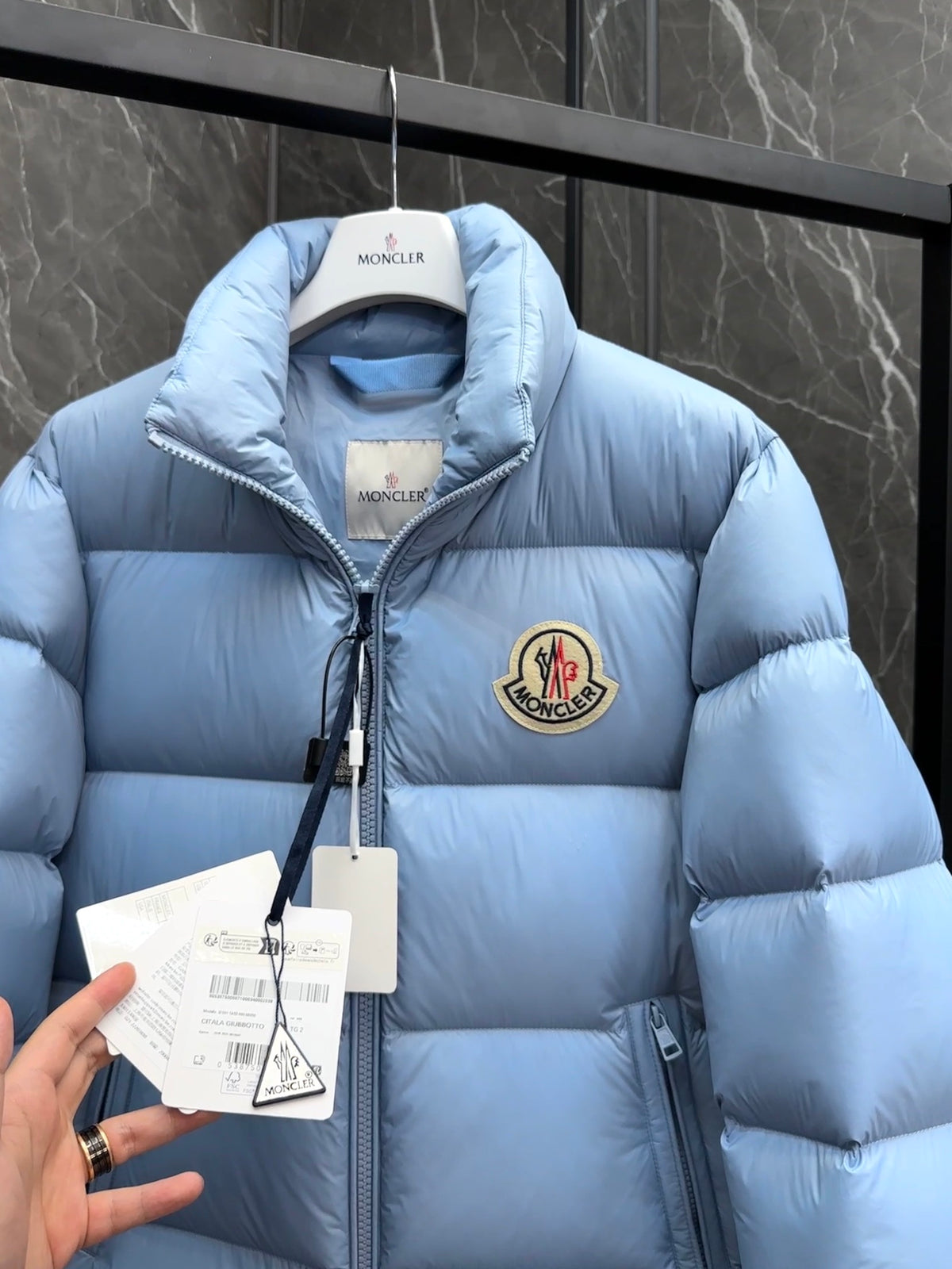 Moncler Light Blue Quilted Puffer Jacket with Stand Collar