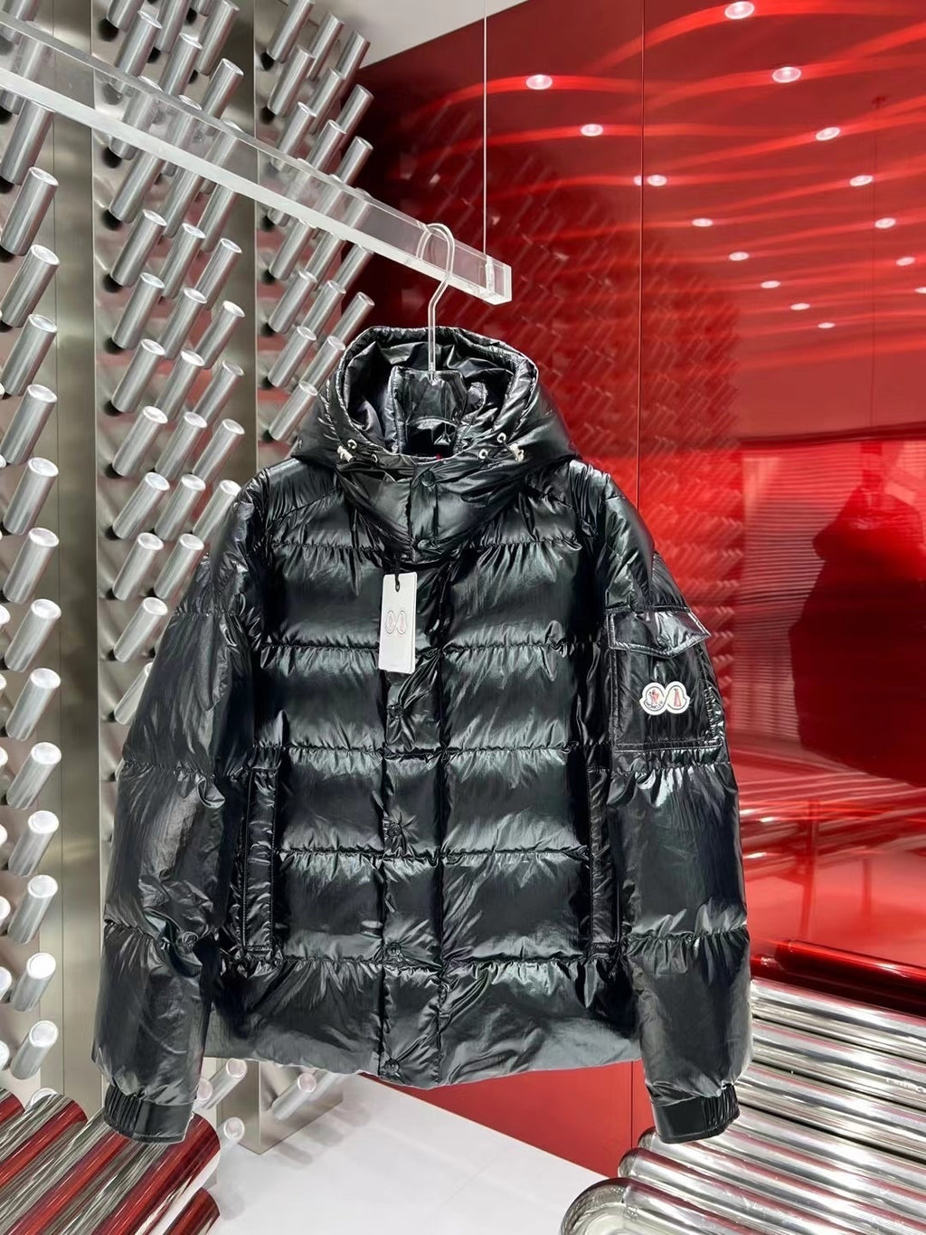 Moncler Black Glossy Hooded Puffer Jacket with Double Sleeve Patches