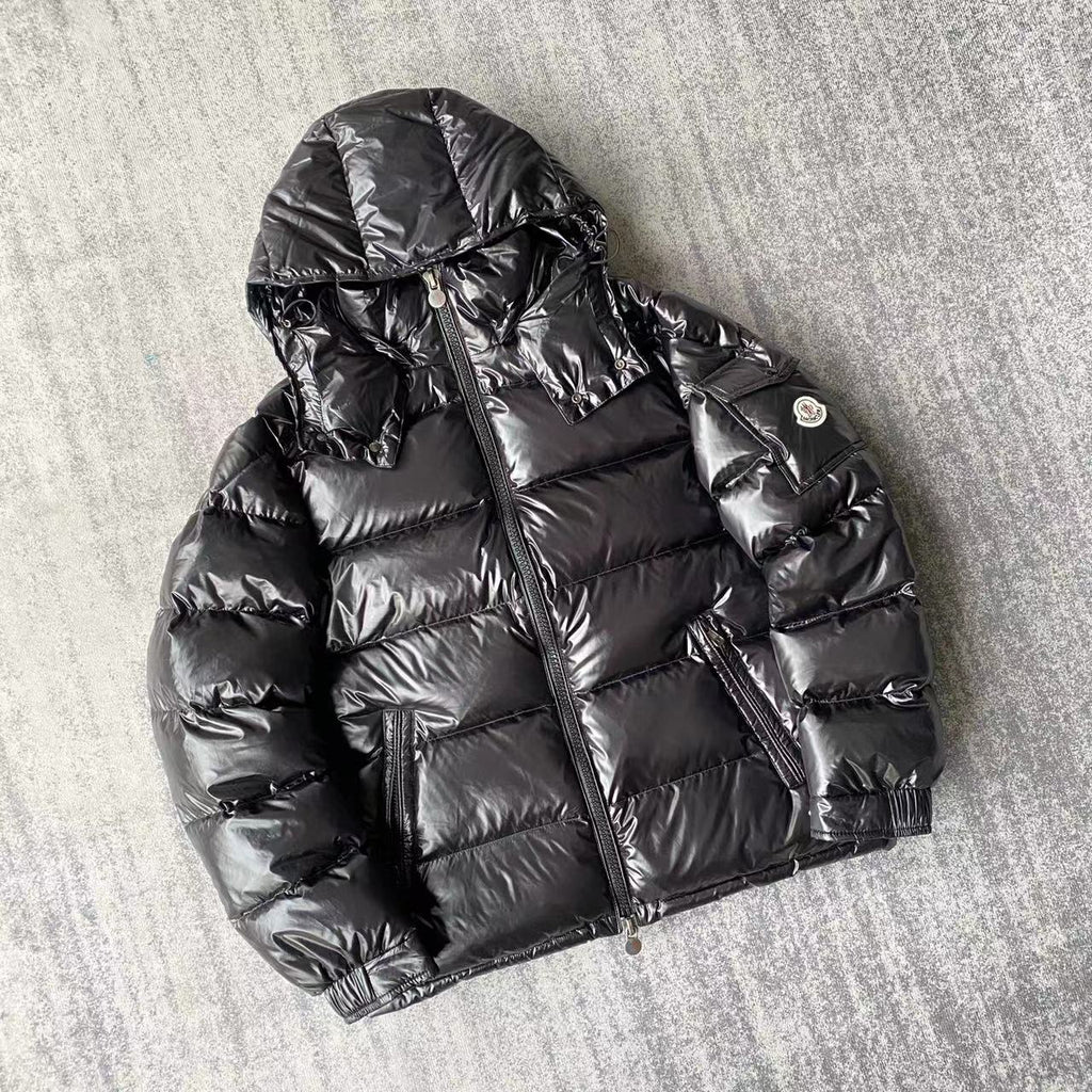 Moncler Black Glossy Hooded Puffer Jacket with Sleeve Pocket