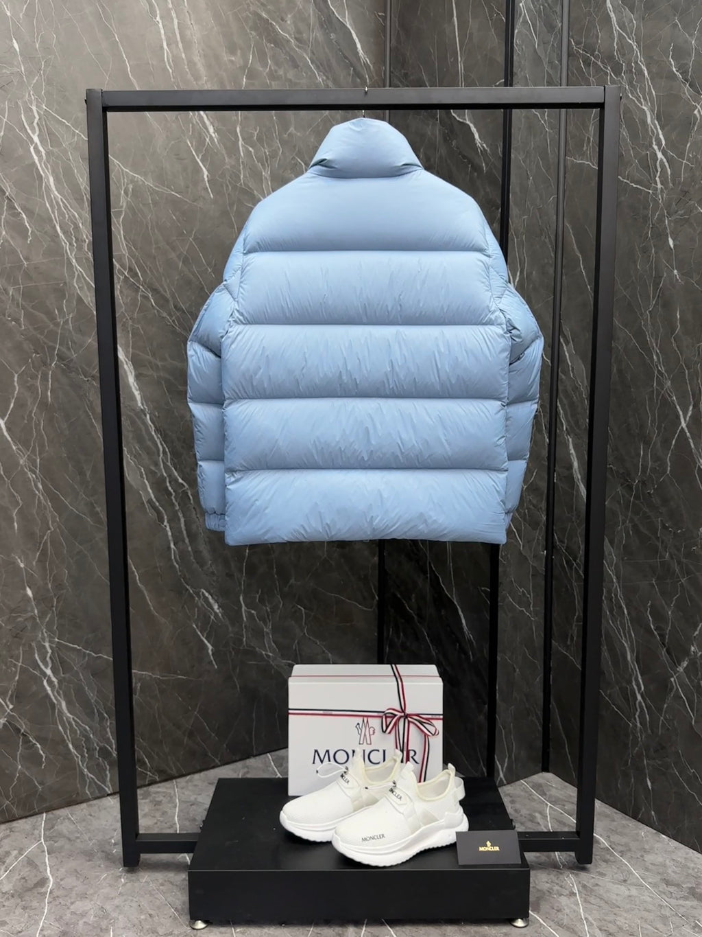 Moncler Light Blue Quilted Puffer Jacket with Stand Collar