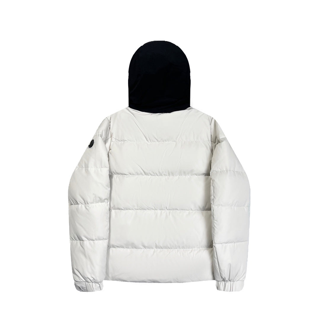 Moncler White Hooded Puffer Jacket with Black Contrast Panels