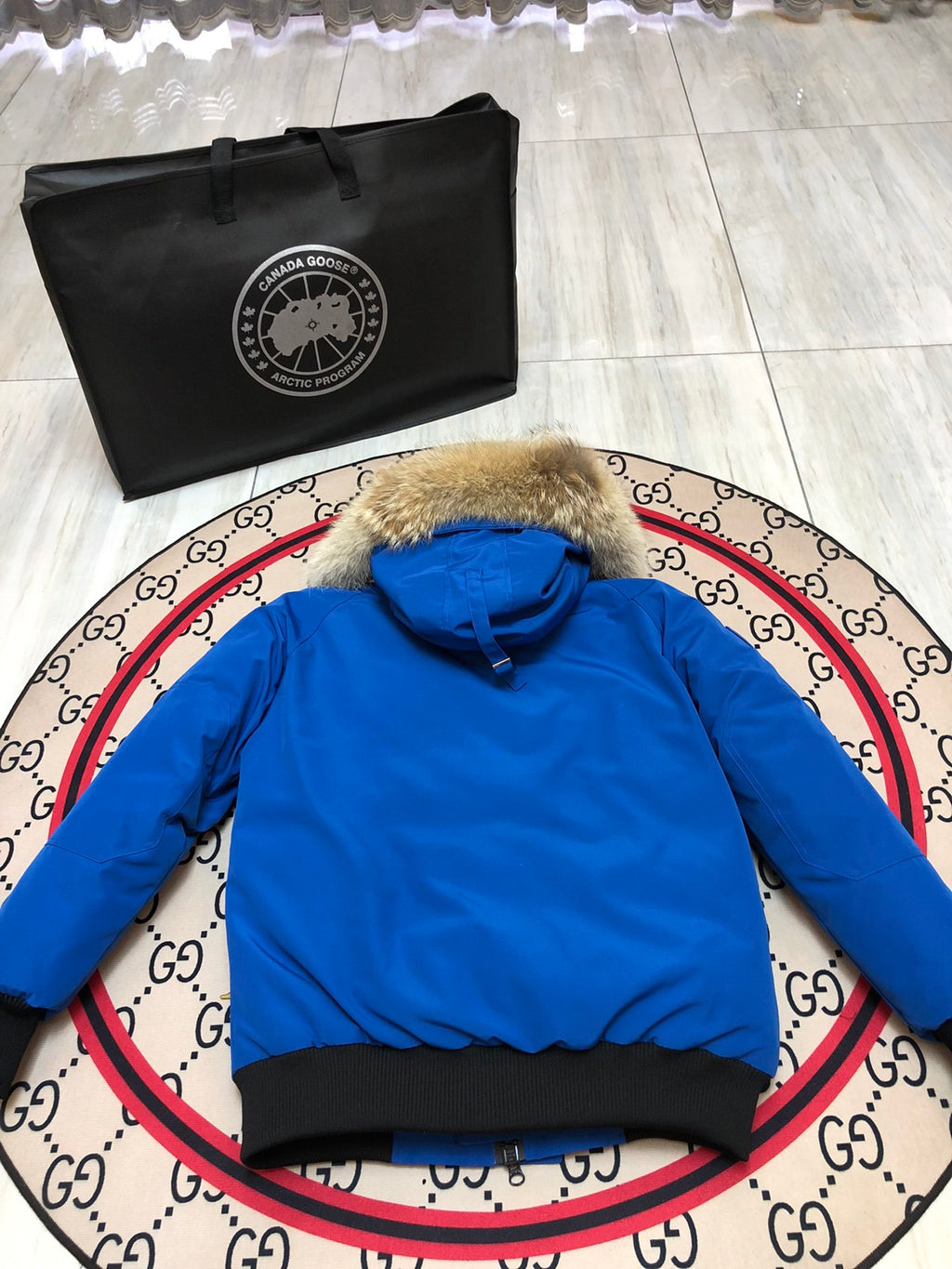 Canada Goose Blue Hooded Bomber Jacket with Textured Trim