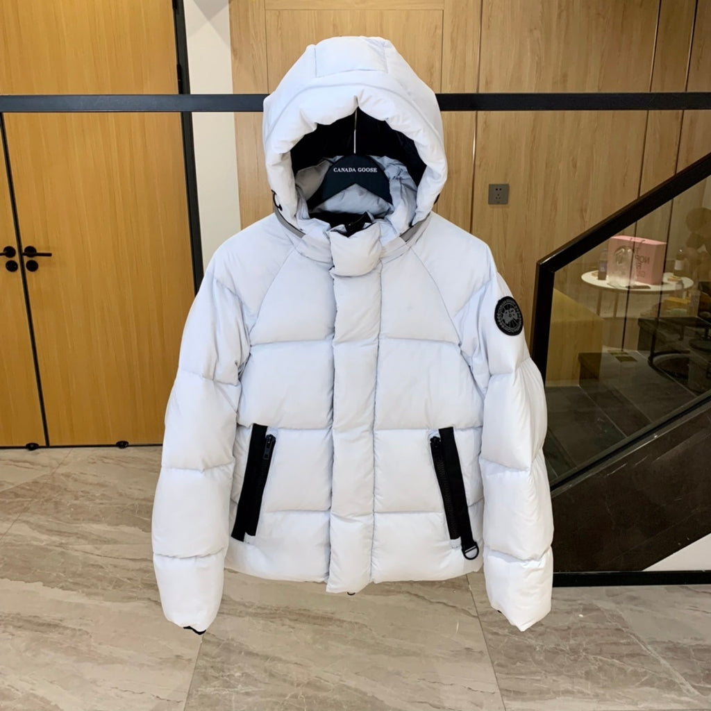 Canada Goose White Hooded Quilted Puffer Jacket with Black Trim