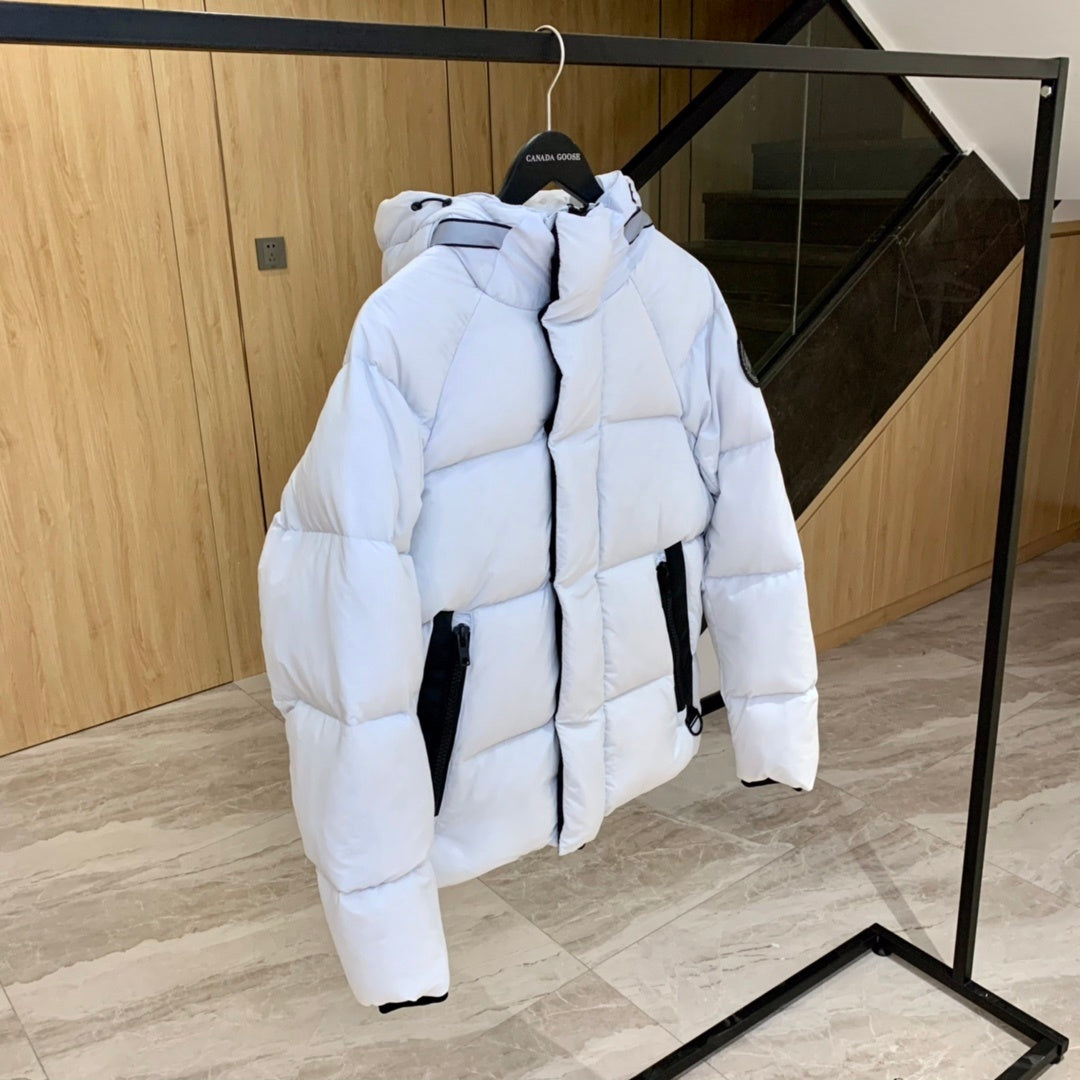 Canada Goose White Hooded Quilted Puffer Jacket with Black Trim