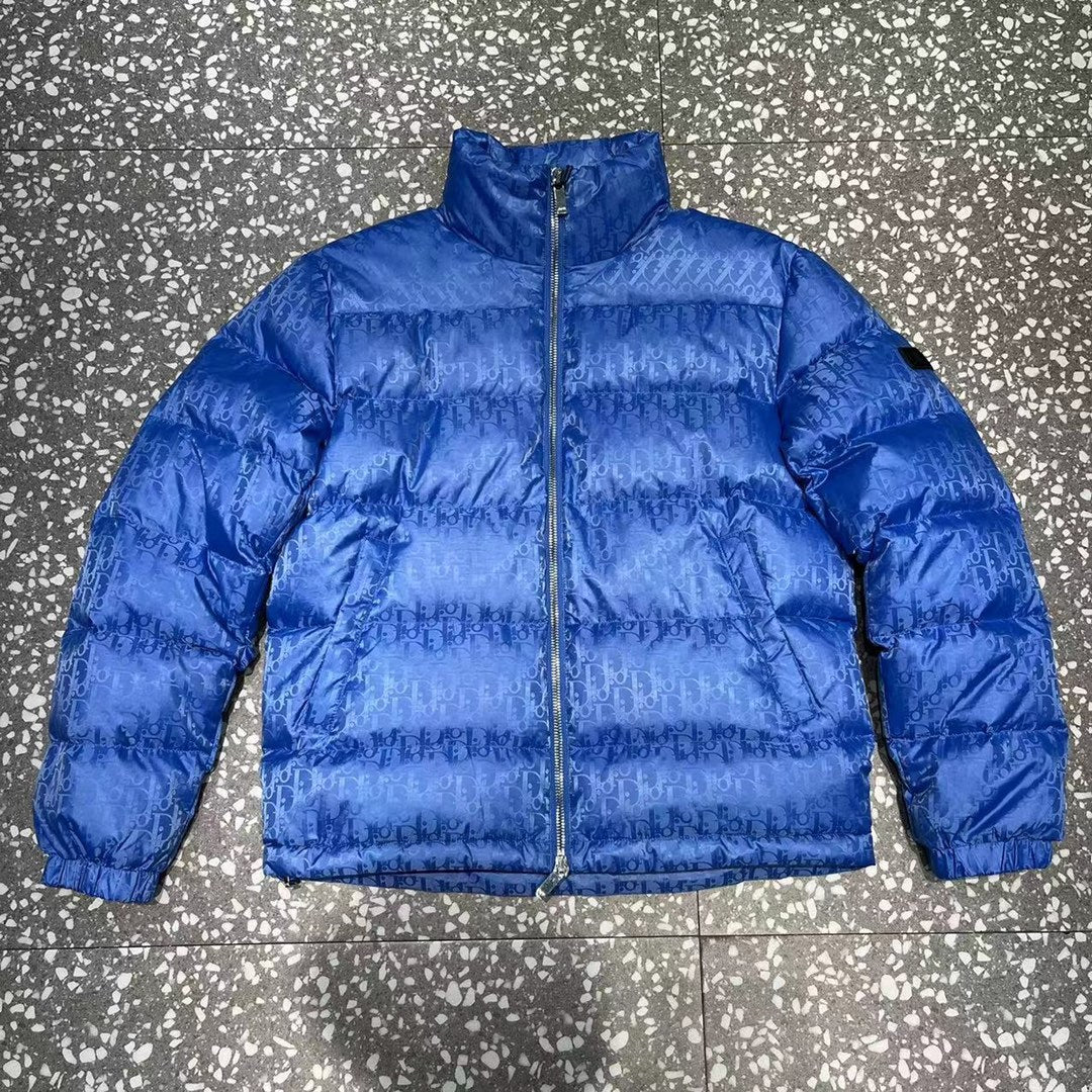 Dior Blue Monogram Puffer Jacket with Stand Collar