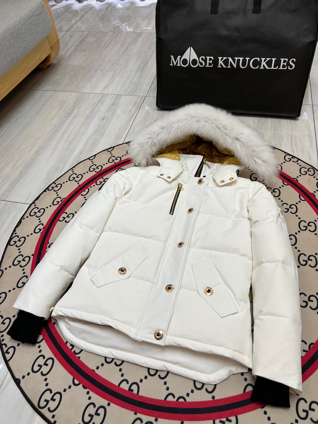 Moose Knuckles White Hooded Puffer Jacket with Gold-Tone Details