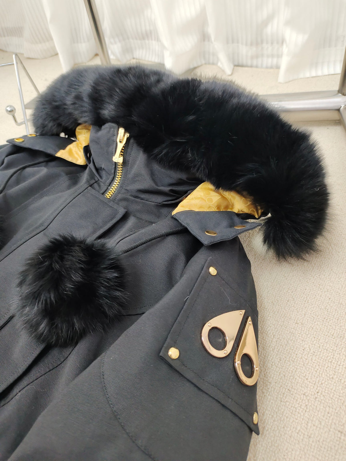 Moose Knuckles Black Hooded Long Parka with Gold-Tone Details