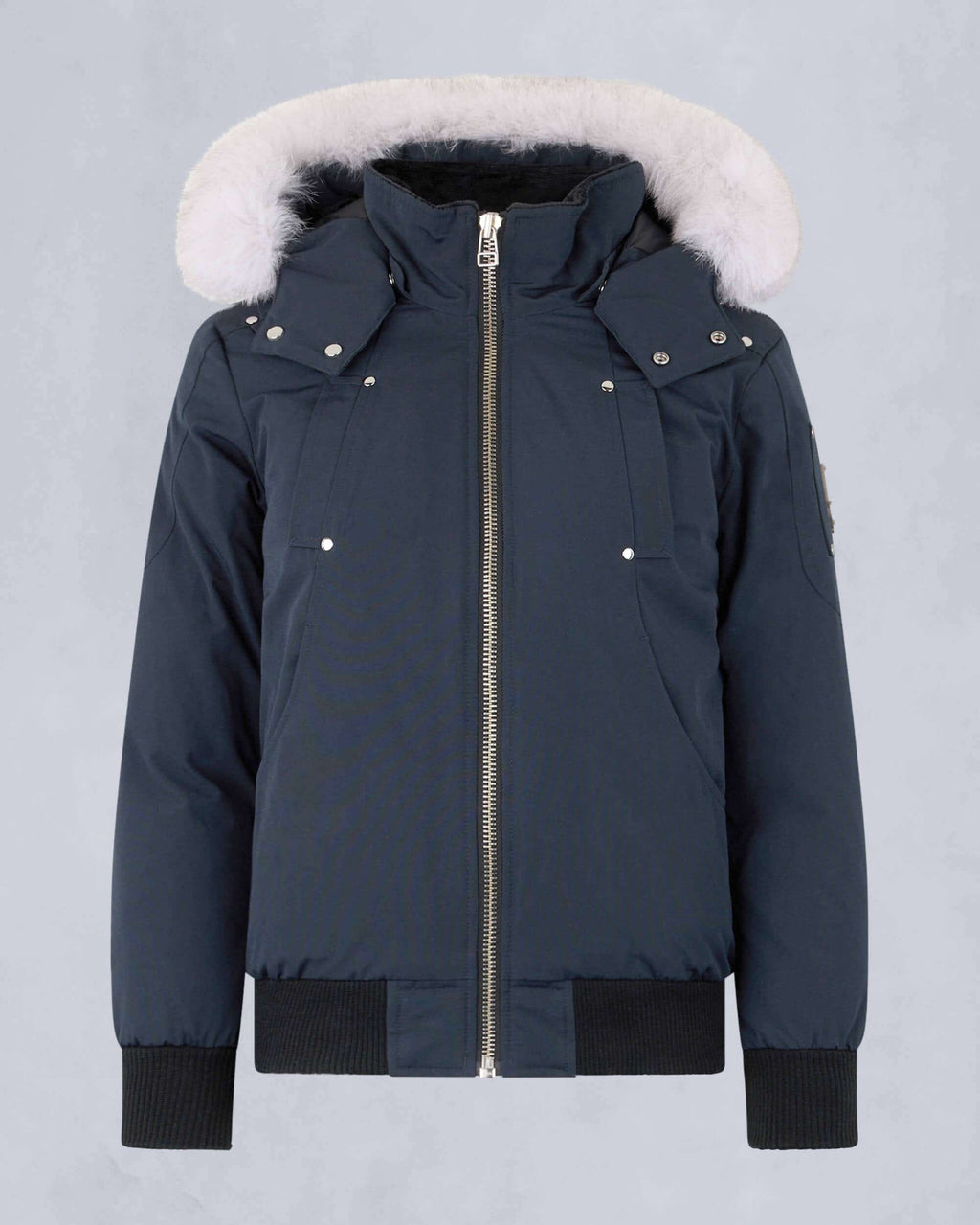 Moose Knuckles Navy Hooded Bomber Jacket with Light Textured Trim