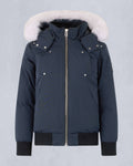 Moose Knuckles Navy Hooded Bomber Jacket with Light Textured Trim