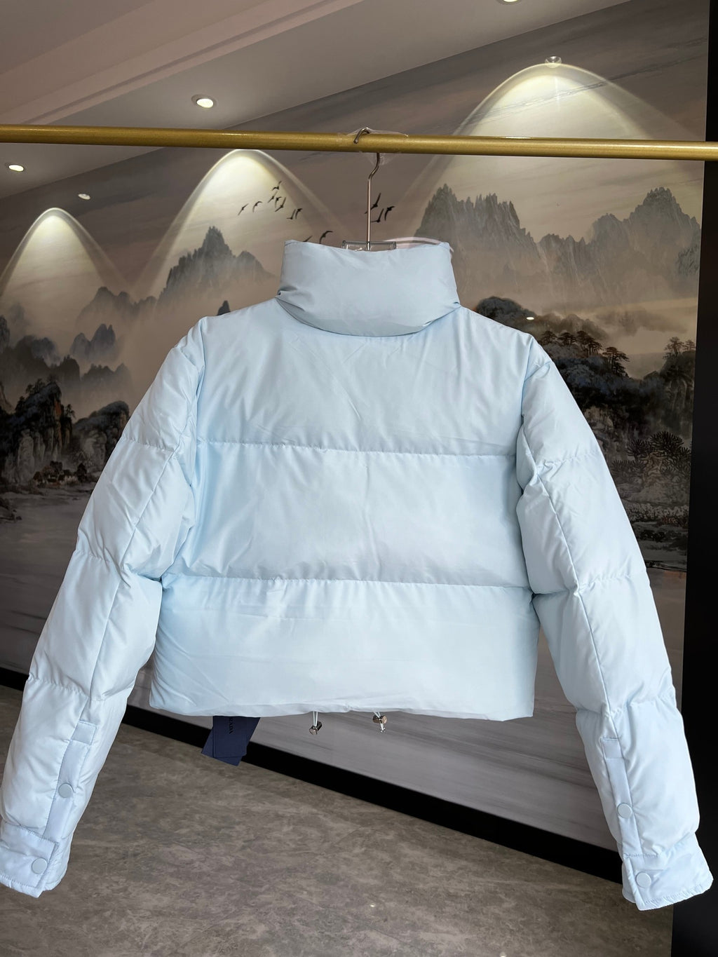 Prada Light Blue Cropped Puffer Jacket with Stand Collar