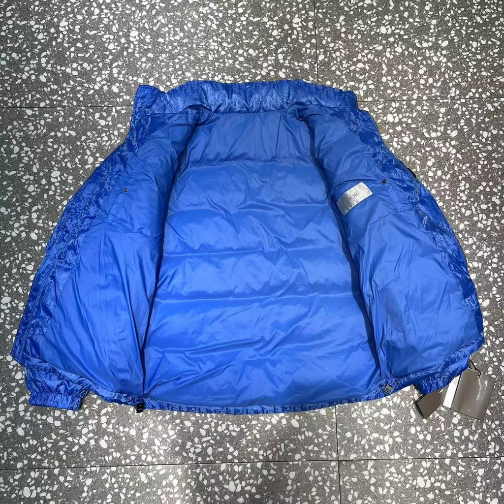 Dior Blue Monogram Puffer Jacket with Stand Collar