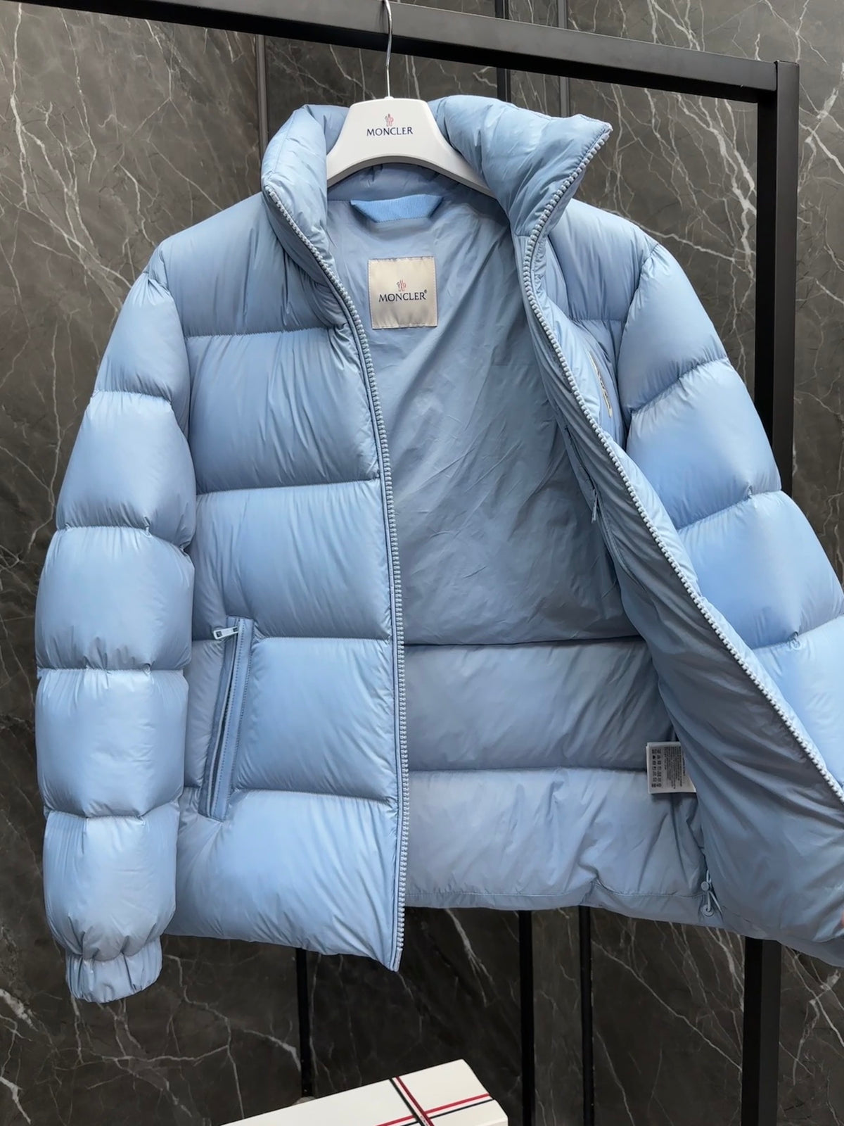 Moncler Light Blue Quilted Puffer Jacket with Stand Collar