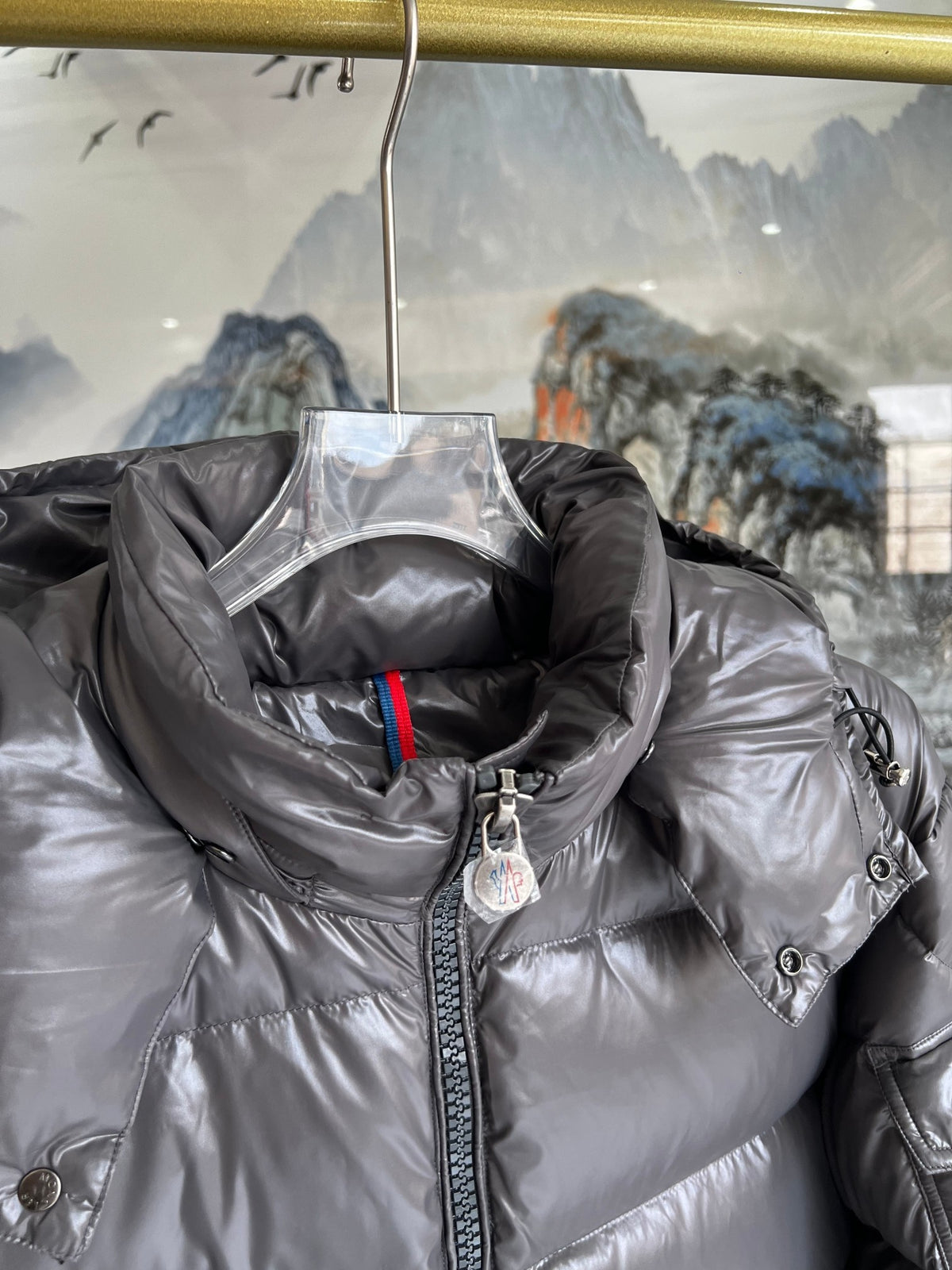 Moncler Charcoal Grey Glossy Hooded Puffer Jacket