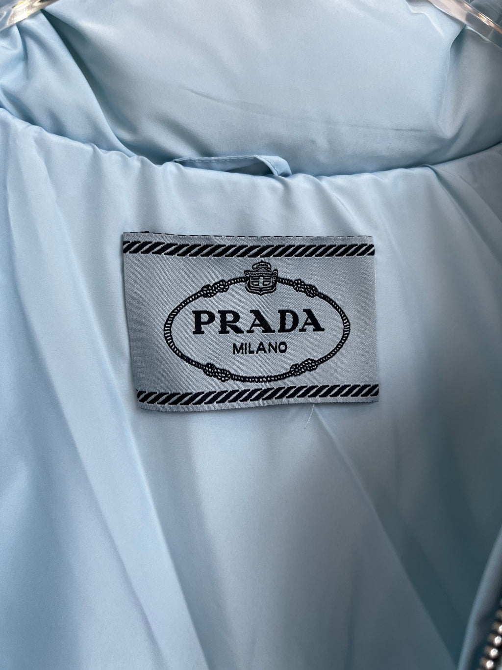 Prada Light Blue Cropped Puffer Jacket with Stand Collar